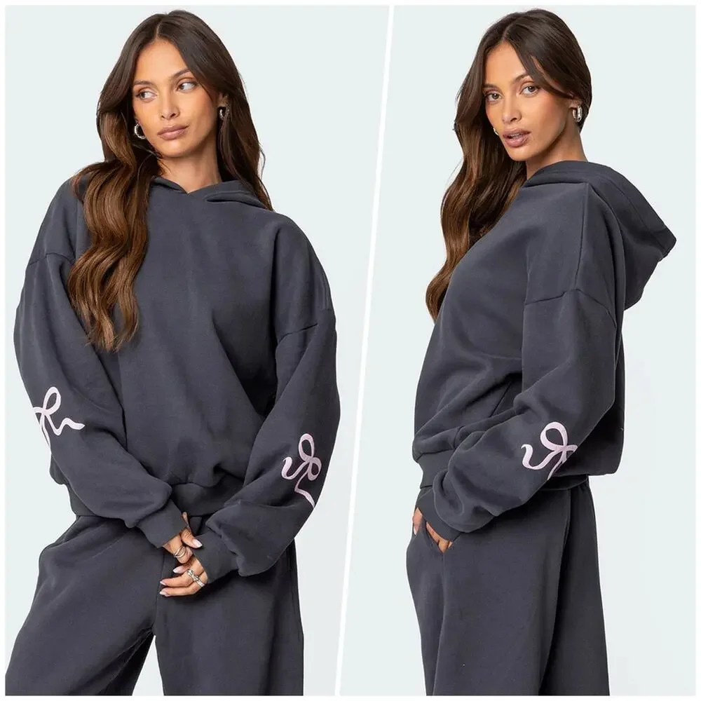 Edikted | Women | Bonney Bow Detail Gray Oversized Hoodie Matching Set | Small